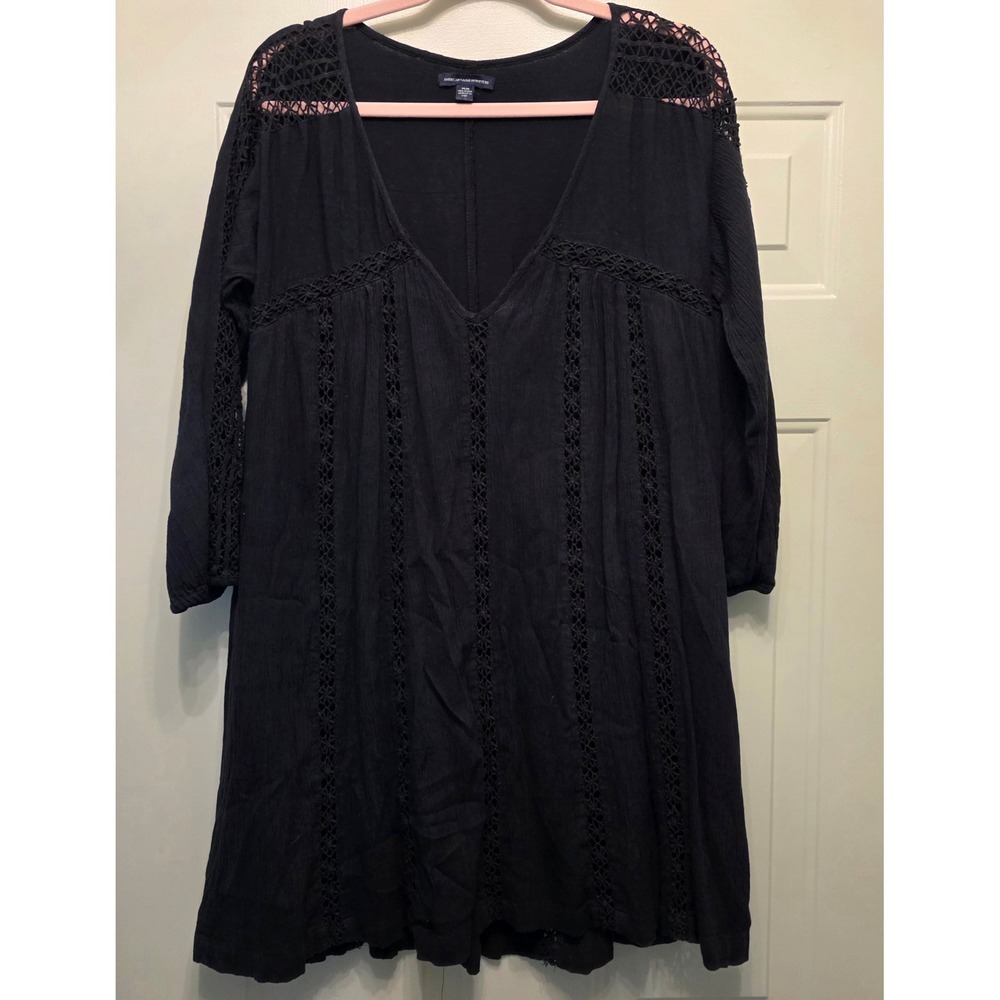 American Eagle Black Crochet Lace Inset Boho Gauze Mini Dress Medium